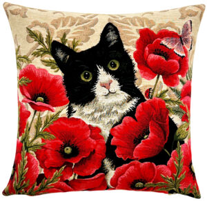 black/white kitten and poppies